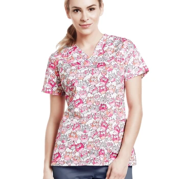 

Women Owl Print Medic Scrubs Nurse Uniform Medical Uniforms 4 Ways Stretch V Neck Scrubs Top Drawstring Pants Workwear Outfits