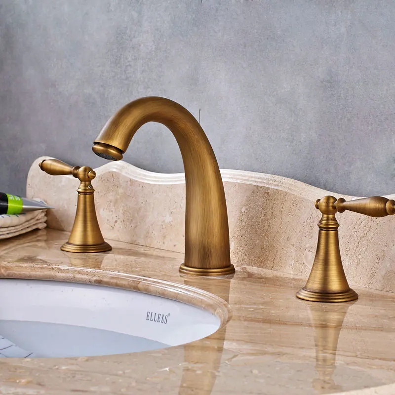 Antique Brass 3pcs Basin Faucet Widespread Bathroom Faucet Double Handles Tub Sink Mixer Tap KD1211 Antique Brass 3pcs Basin Faucet Widespread Bathroom Faucet Double Handles Tub Sink Mixer Tap KD1211