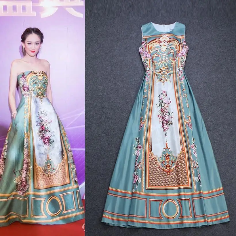 High quality 2016 spring new European and American style retro printed Russia dress luxury gild sleeve w304 | Женская одежда