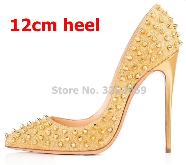 ALMUDENA, 8, 10, 12 см; туфли на шпильке с острым носком и заклепками; красные, розовые, черные свадебные туфли с шипами; модельные туфли-лодочки с шипами; размер 45 - Цвет: gold 12cm heel