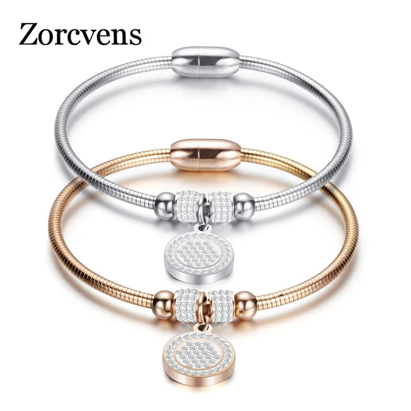 

ZORCVENS New High Crystal Quality Bracelet Bangles Coin Magnet Clasp Snake Chain 316L Stainless Steel Wedding Bangles jewelry