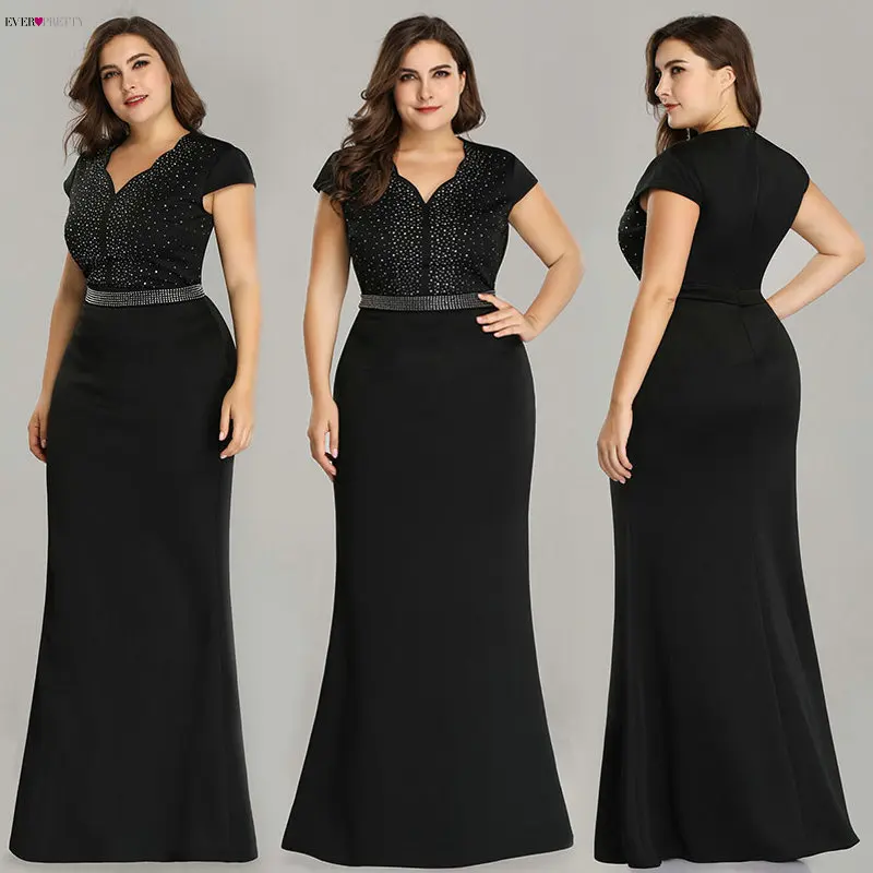 

Plus Size Black Evening Gowns Ever Pretty EZ07623 2019 Elegant Mermaid Sparkle V Neck Beaded Long Formal Gowns For Wedding Party