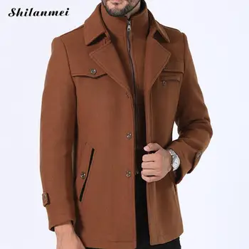 

2018 Fake Two Pcs Men'S Winter Coat Fashion Business Solid Thicken Woolen Overcoat Jacket Black Plus Size Male Clothing 3xl