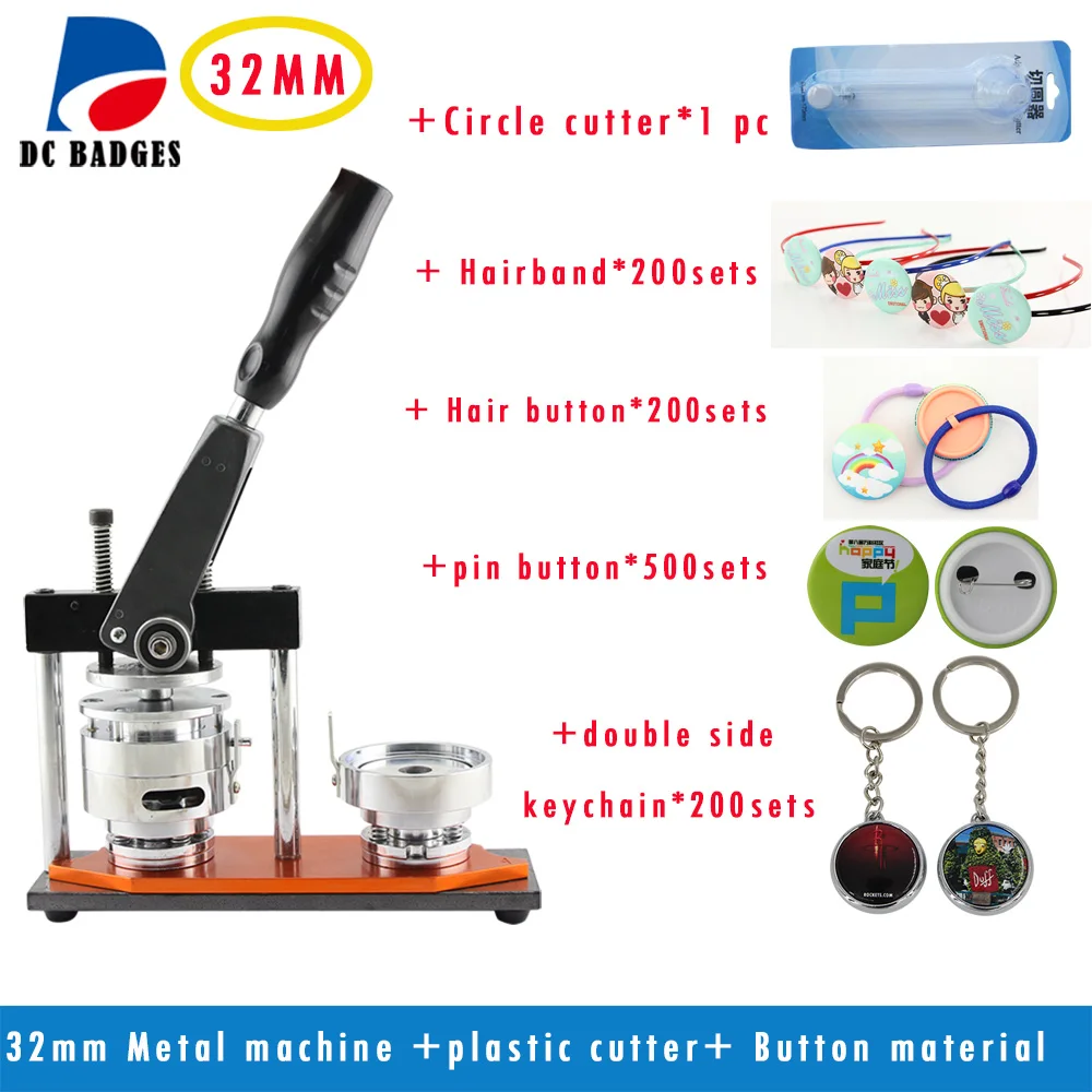 

Free Shipping button making machine 32mm Metal Badge Machine +Circle Cutter | pack with 32mm kinds of material