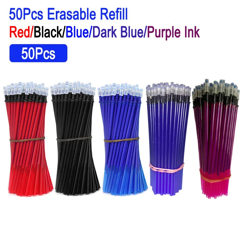 50Pcs/Set 0.5mm Erasable Gel Pen Refill Rods Blue Red Ink Office School Writing Stationery Accessory Replacement Washable Handle 12 20pc set office gel pen erasable refill rod erasable pen washable handle 0 5mm blue black green ink school writing stationery