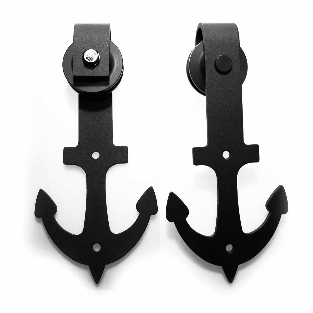 LWZH Closing Antique Style Steel Sliding Barn Door Top Mounted Hanger Track Hardware Kit Black Anchor Shaped for Single Door