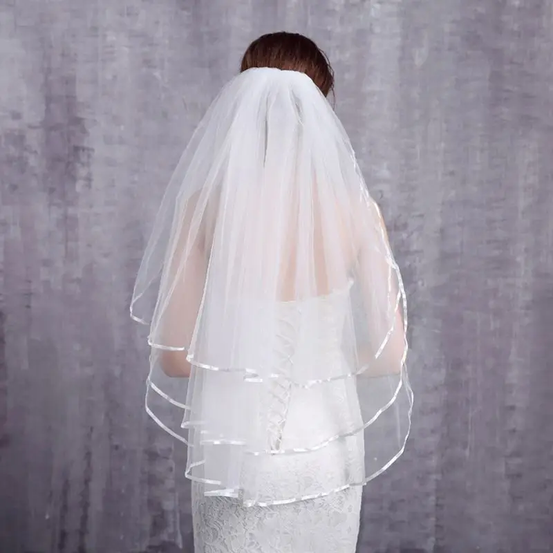

Tulle Wedding Dress Veils White Ribbon Edge Bridal Multi Layer Hair Veil Comb Bride Fairy Marriage Accessories