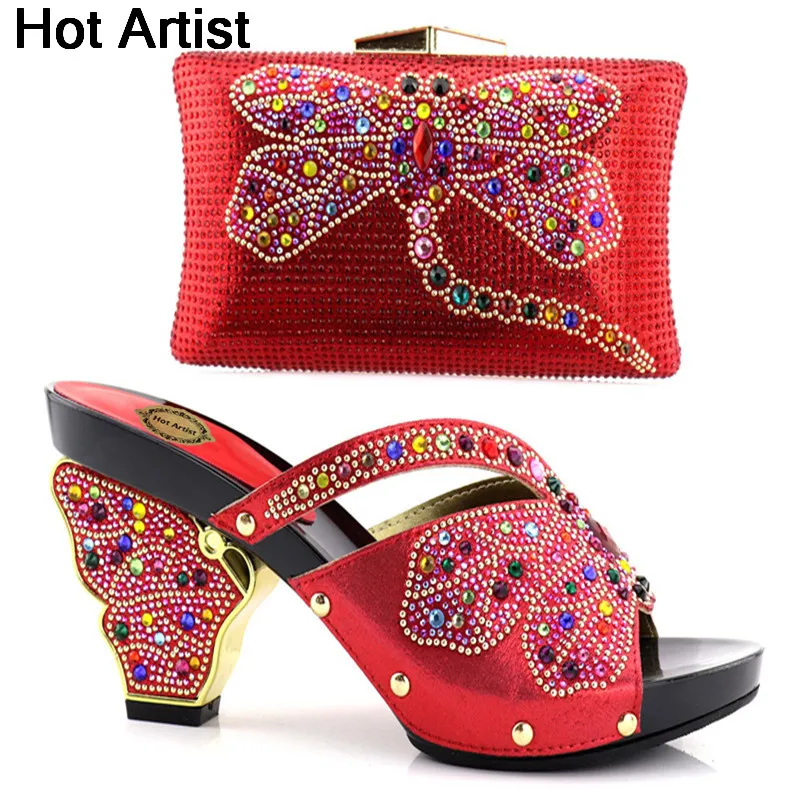 

Hot Artist Italian Design Rhinestone Woman Shoes And Bag Set For Wedding Party Fashion Pumps Shoes And Bag Set Size 37-43 YH-10