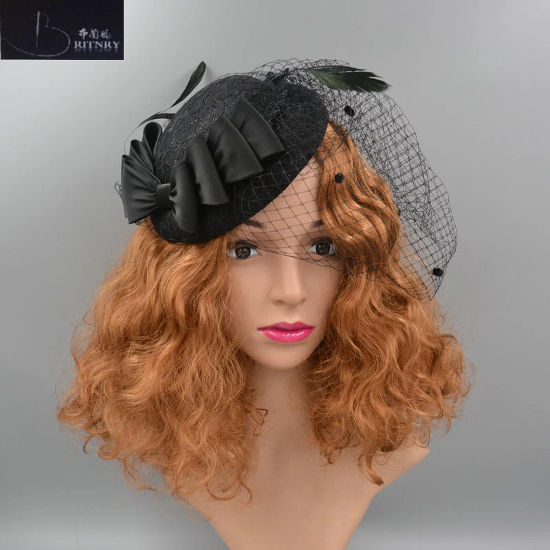 

BRITNRY Beautiful Wedding Hat Black Lace Birdcage Veil Bow with Tulle Wedding Accessories for Hair