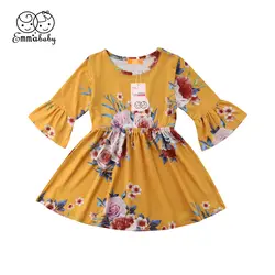 Летнее нарядное желтое платье принцессы с расклешенными рукавами и цветочным рисунком для маленьких детей; сарафан; детская одежда