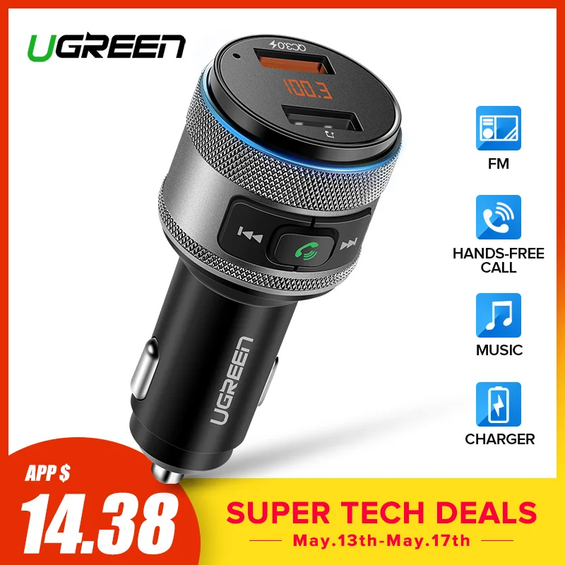 Ugreen Car Charger Bluetooth FM Transmitter Quick 3.0 Fast Charger for Xiaomi USB Charger for iPhone X Samsung Huawei Hands Free
