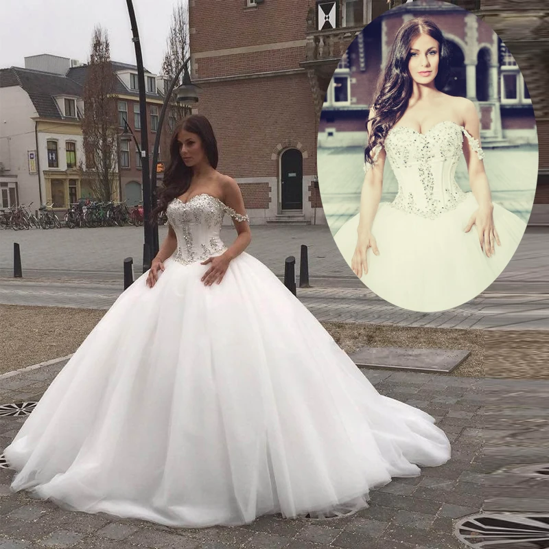 Robe De Mariage Princess Bling Luxury Beaded White Wedding Ball Gown