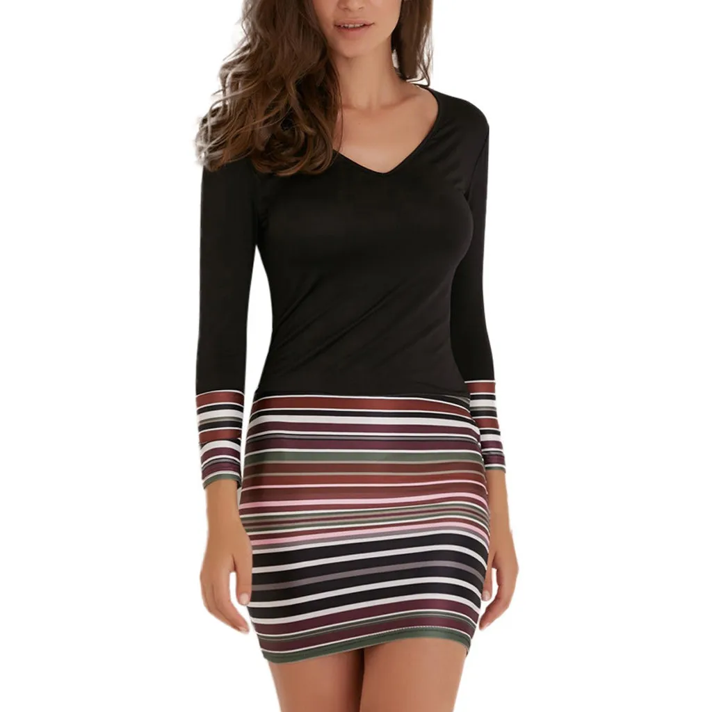 

Ladies Womens Dress Autumn Striped Patchwork Dresses Casual V-Neck Long Sleeve Dress Evening Party Dress Sukienki Damskie #N