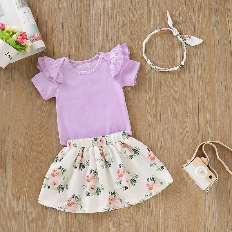 

3Pcs/Set Summer Baby Girl Casual Short Sleeve Romper Tops Floral Skirt With Headband Outfits Set Newborn Baby Girl Clothes