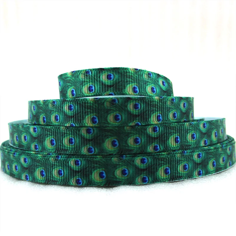 

3/8"(9mm) Peacock ribbon high quality printed polyester ribbon 50 yards, DIY handmade materials, wedding gift wrap,50Y43039