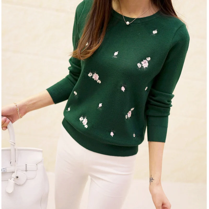 2021 Newest Style Womens Pullovers Beautiful Flowers Embroidery Long Sleeve Casual Women Cotton Sweater Solid Color Female Tops | Женская