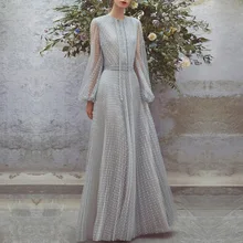 

2018 summer new women's long dress temperament lace round neck long sleeve thin mesh yarn dress female