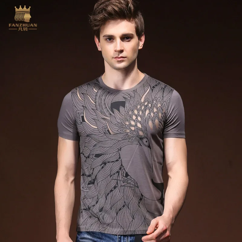 

Fanzhuan New Free Shipping 2018 men's male man casual Short-Sleeved grey Print Hollow T-Shirt Thin personalized T shirt 825130