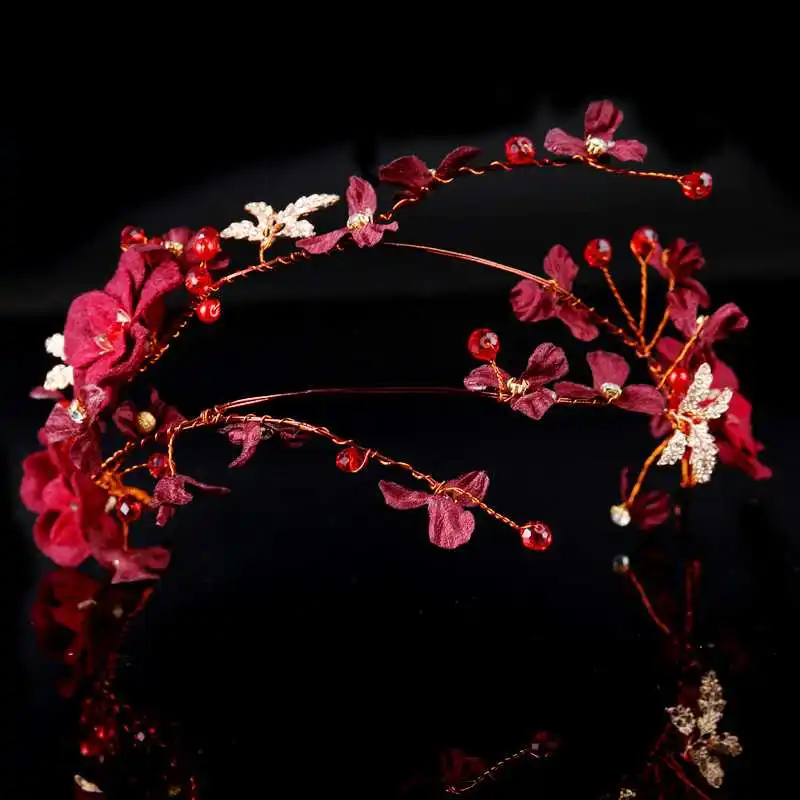 

Vintage Great Burgundy Flower Bridals Tiaras Crowns Baroque Wine Red Bride Hairbands Wedding Hair Accessories Prom Jewelry Gifts