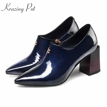 

KRAZING POT recommend patent cow leather brand shoes 7.5 cm high heels pointed toe zipper streetwear elegant Autumn pumps L56