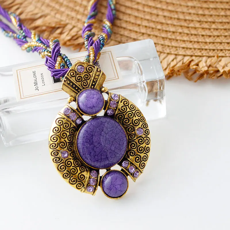 

F&U Vintage Necklace Jewelry Fashion Popular Retro Bohemia Style Multilayer Beads Chain Crystal Round Pendant Necklace