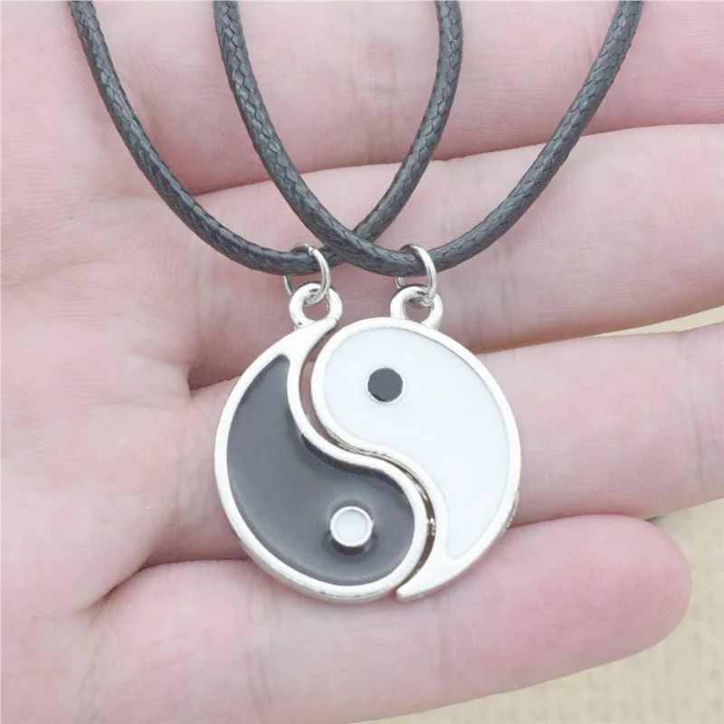 

White Black Enamel Gossip Tai Chi Yin Yang Necklaces For Women Leather 2 Pendants Friendship Couple Choker Collier Christmas Gif
