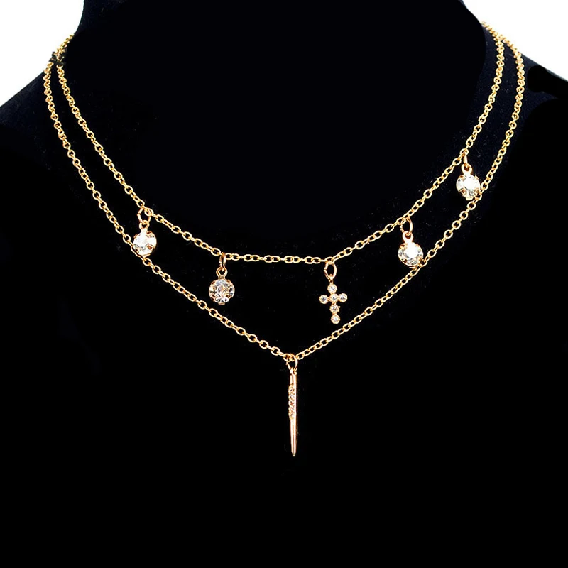 Vintage Statement Bohemain Jewelry For Women Handmade Mulit Chains Cross Necklace Layered Chain Gold Color Crystal Necklaces (5)