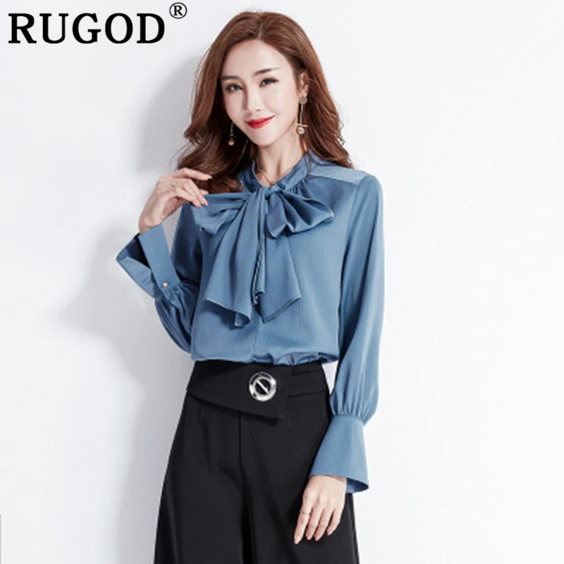

RUGOD Elegant office ladies shirts Fashion big bow neck solid white blouse women Casual flare sleeve plus size tops and blouse