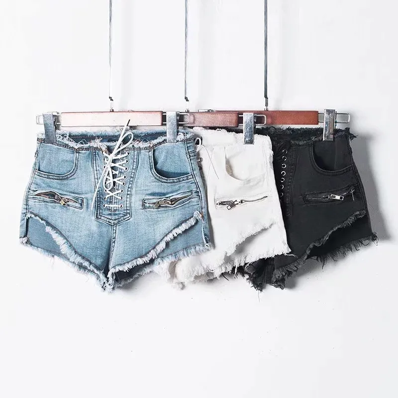 

Sexy lace-up Fringe burr Black Washed Denim Shorts Women Lace Up Casual Mini Jeans Shorts 2019 Summer Hot Shorts