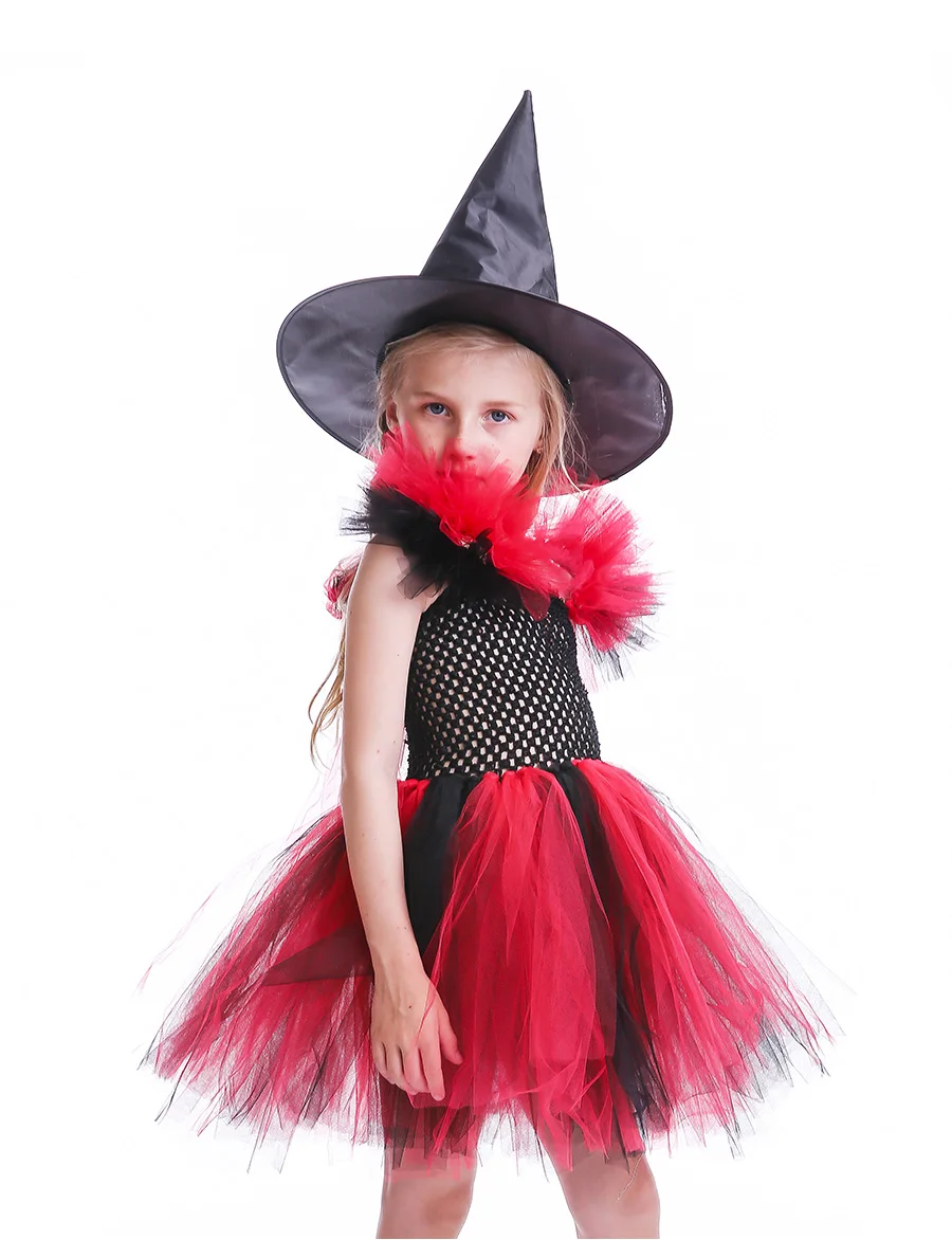 Evil Witch Girls Tutu Dress Kids Halloween Birthday Party Costume Bad Queen Princess Tutu Dress with witch Hat Photo Props (9)