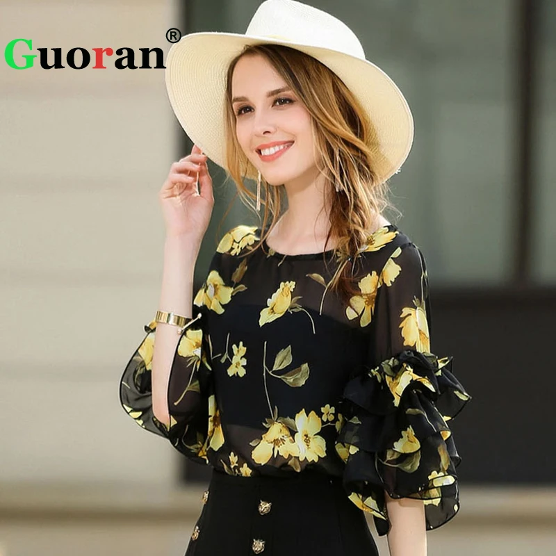 {Guoran} Loose Chiffon Blouses Women Summer 2017 New plus Size Femme Shirts Floral Printed Ladies Tops 2XL Clothings |