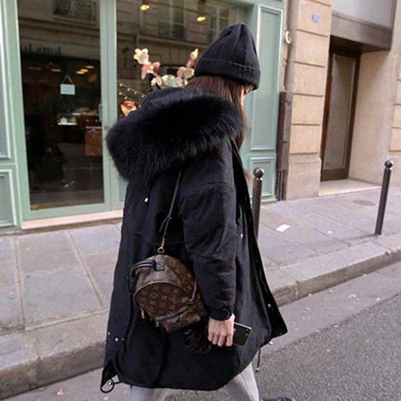 Новая зимняя теплая плотная куртка, Женская Корейская длинная свободная куртка большого размера с меховым воротником, хлопковый пуховик, одноцветные парки с карманами с капюшоном