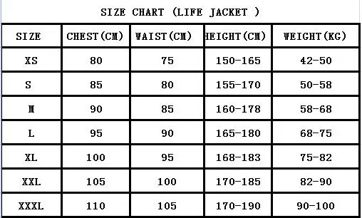 Life Vest Size Chart