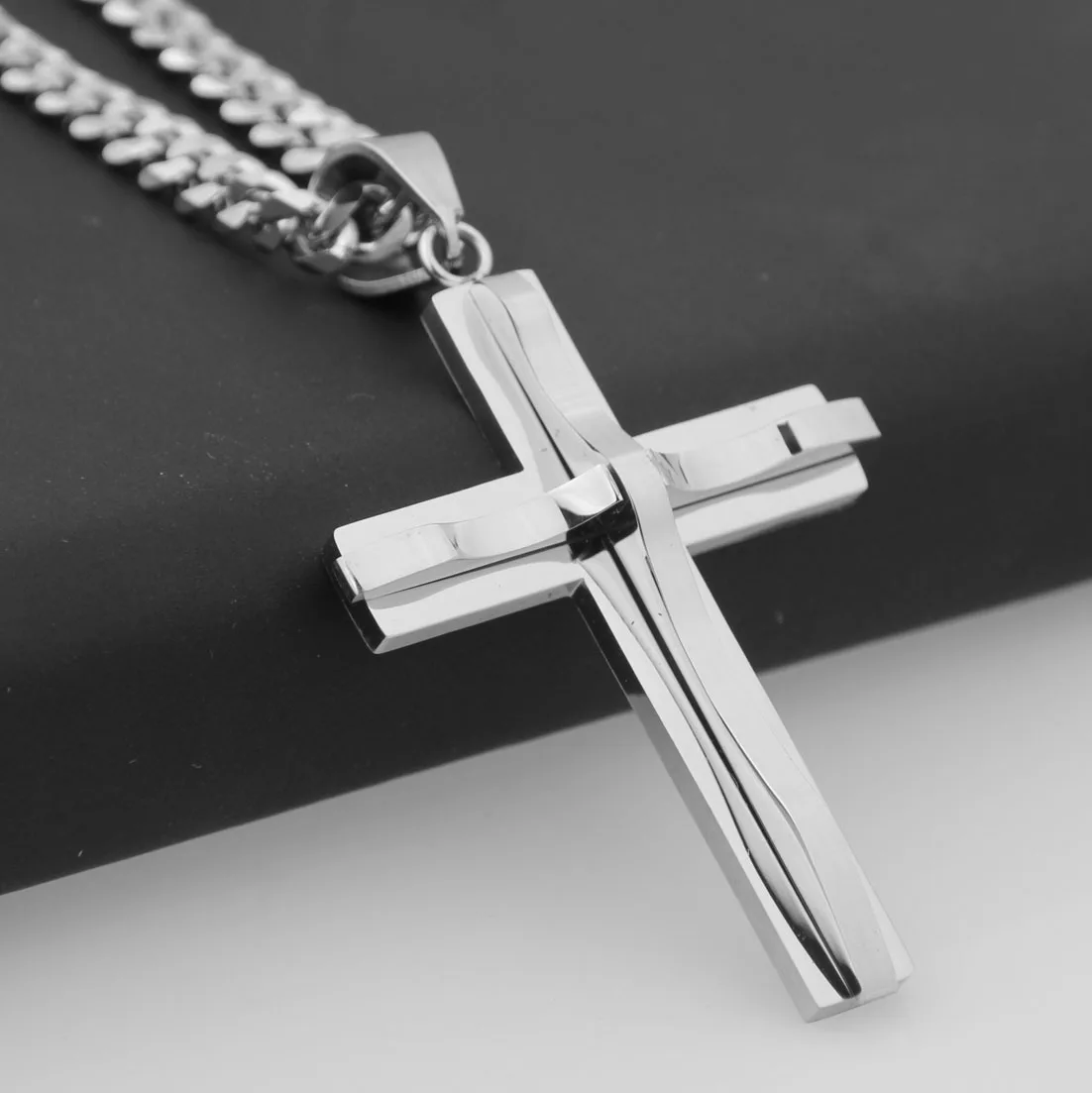 

Granny Chic Mens Chain Curved Cross Pendant Necklace Stainless Steel Curb Cuban Link Polished Silver Tone 18-36inch