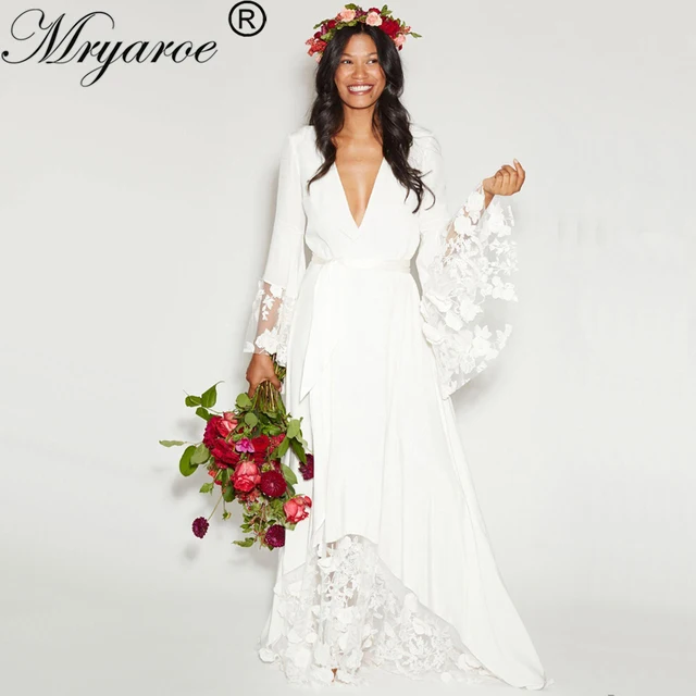 Mryarce Hippie Style Boho Chic Wedding Dress Bohemian Long Bell Mryarce Hippie Style Boho Chic Wedding Dress Bohemian Long Bell Sleeve Lace Flower Bridal Gowns Plus