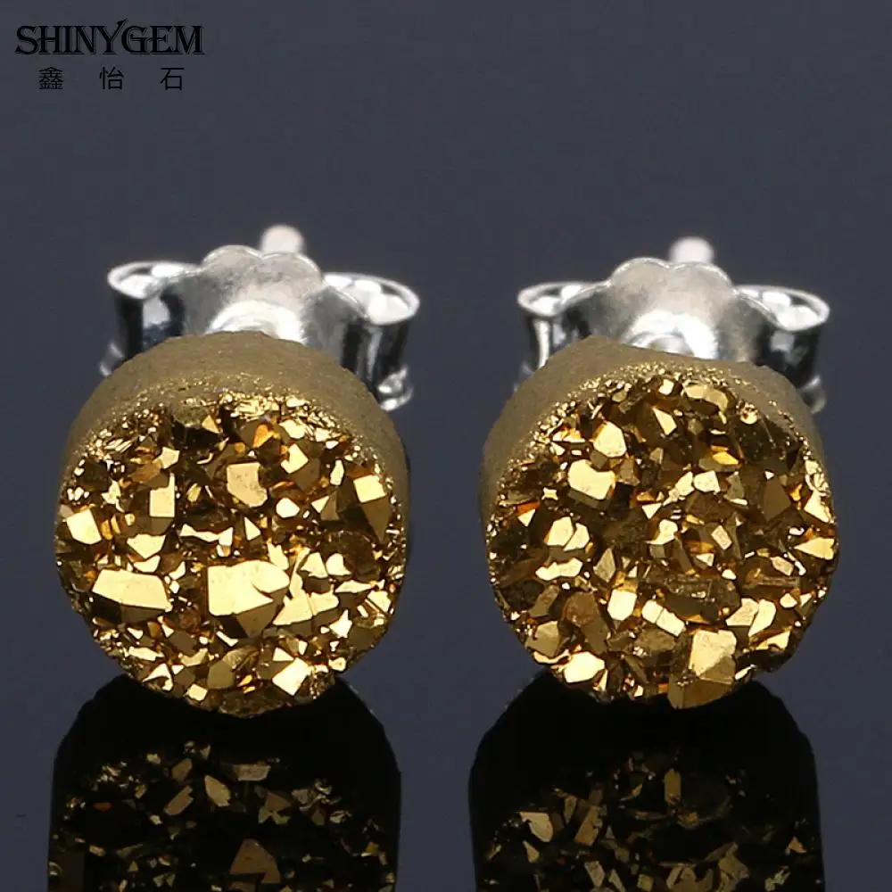 Серьги SHINYGEM 6 мм, круглые сверкающие серьги Druzy, 925 пробы, серебряные серьги-гвоздики, милые серьги с кристаллами, камень, натуральный камень, серьги для женщин