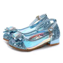 Модная обувь для девочек; кожаные туфли принцессы с высоким каблуком; детская обувь для вечеринки с блестками и кристаллами; кроссовки «Эльза»; подарок для детей