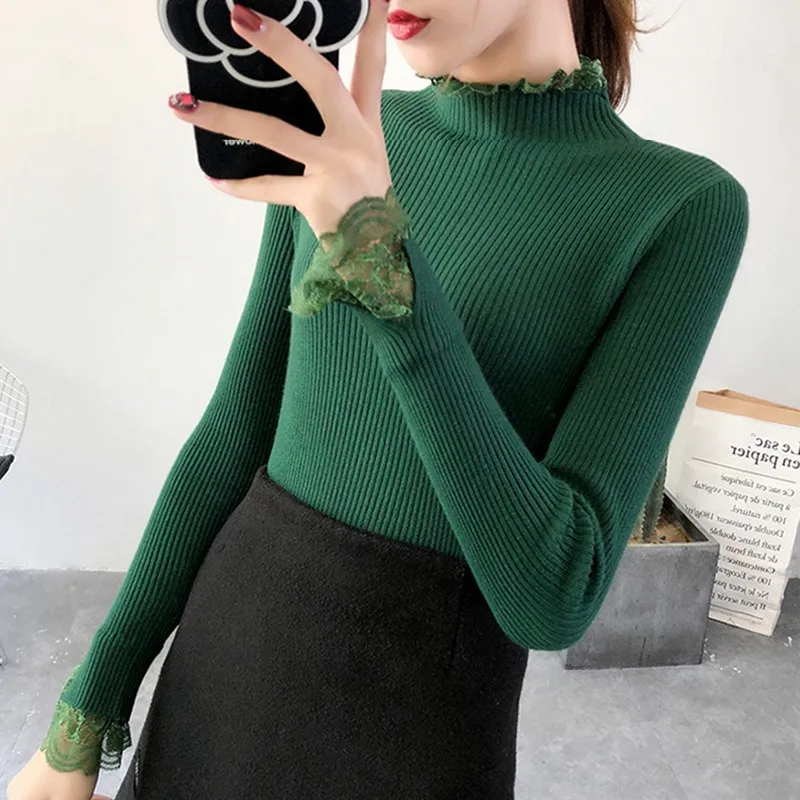 Women Knitted Pullover Turtleneck Lace Patchwork Autumn Winter Sweaters Lady Pullovers | Женская одежда