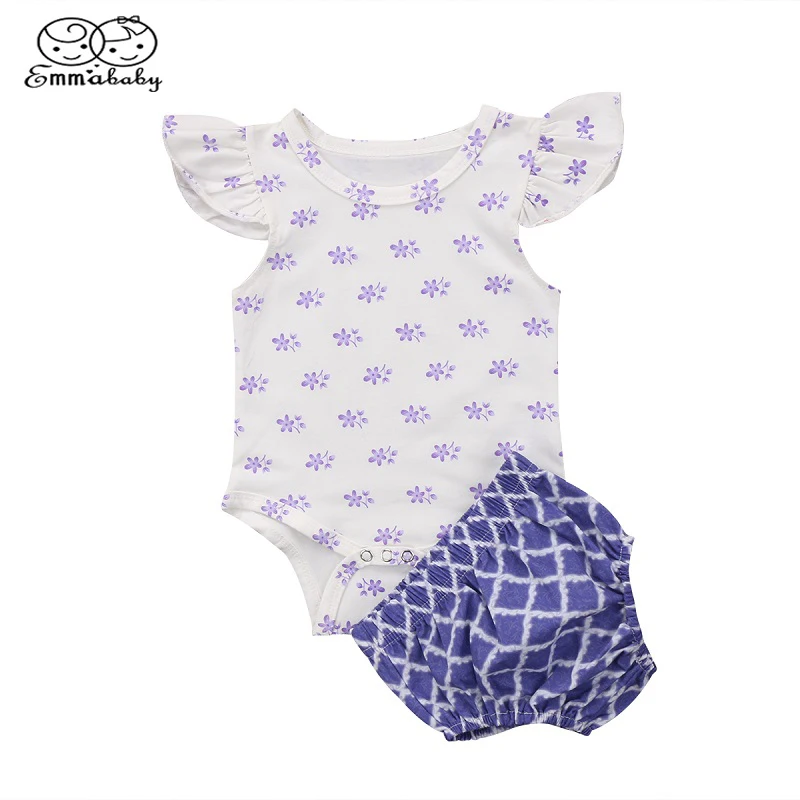 Emmababy Infant Summer Clothes Set 2Pcs Baby Girl Flower Ruffled Sleeve