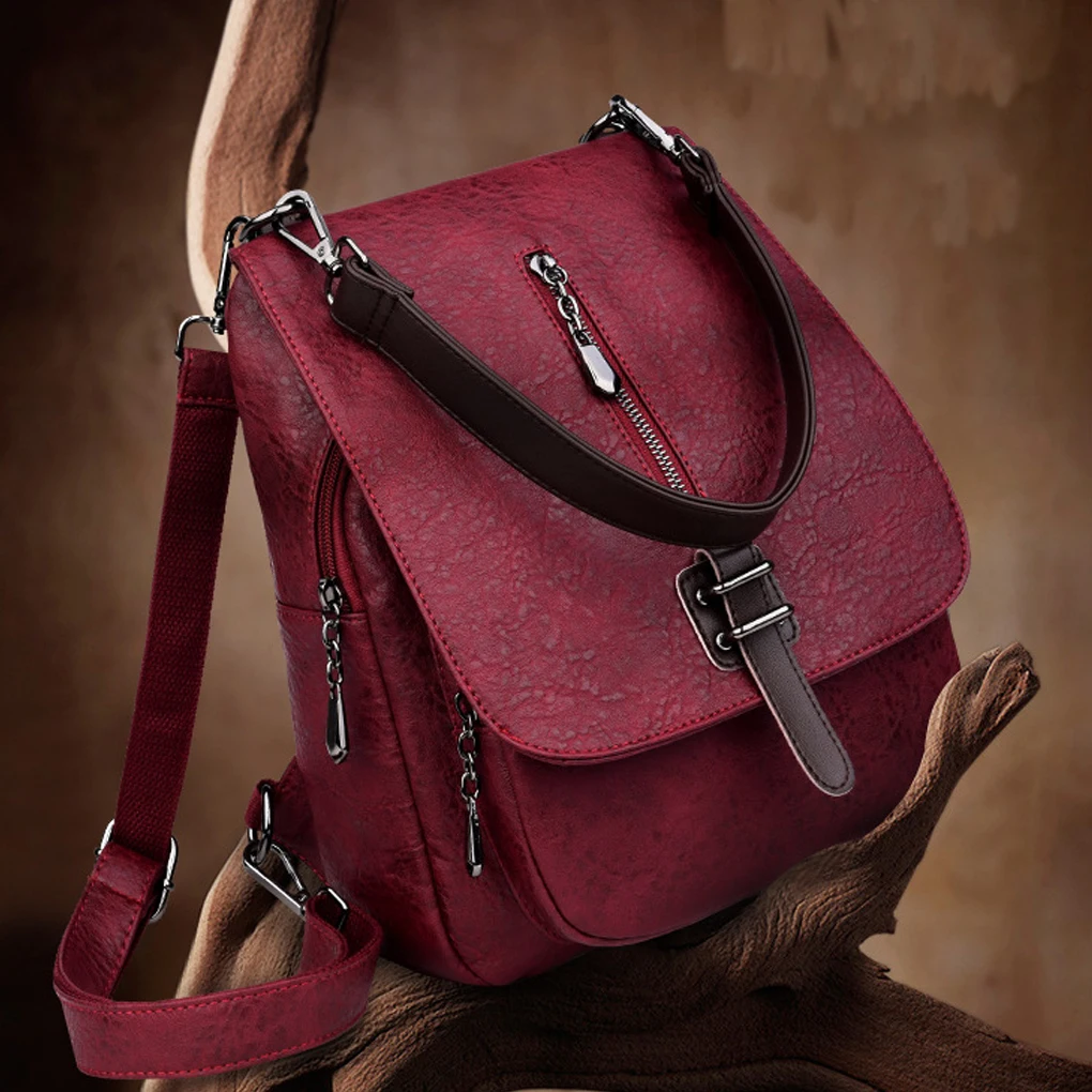 

Magnetic Closure Shoulder Bag Casual Tote Multi-function Women Girls Vintage Stone Grain Vertical Zipper PU Backpack