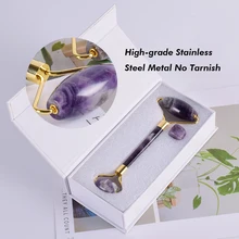 Высококачественный металлический массажный ролик для лица, натуральный аметист, Нефритовый ролик для похудения, против морщин, целлюлит, инструмент для красоты с кристаллами