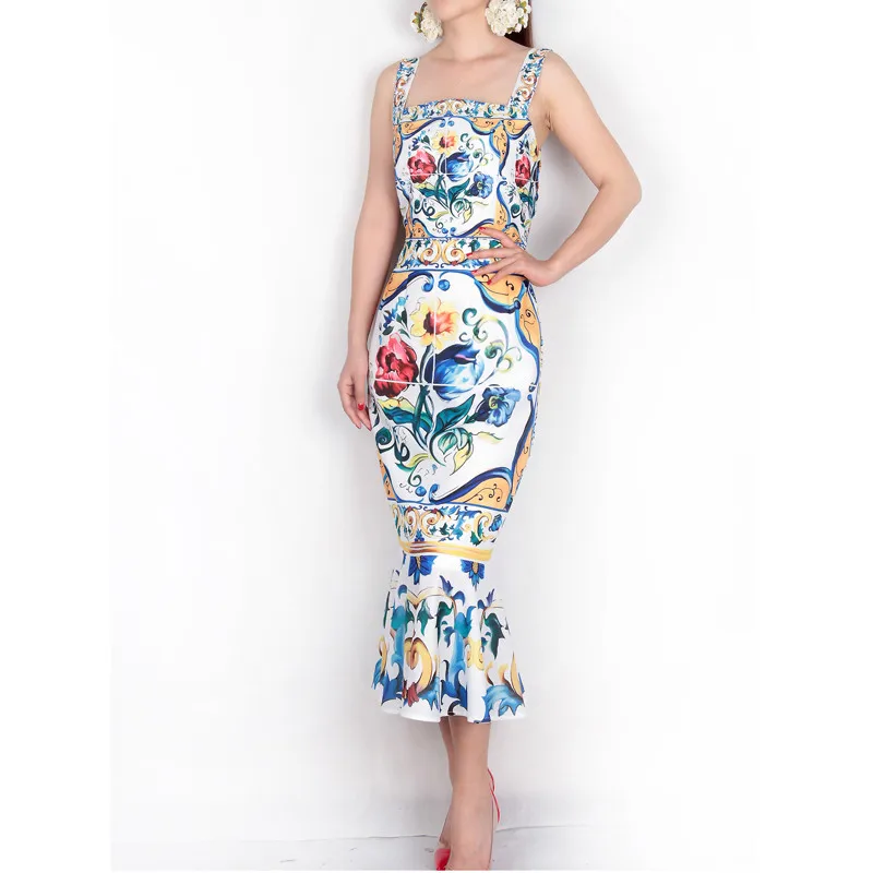 azul e branco porcelana impressão casual trompete