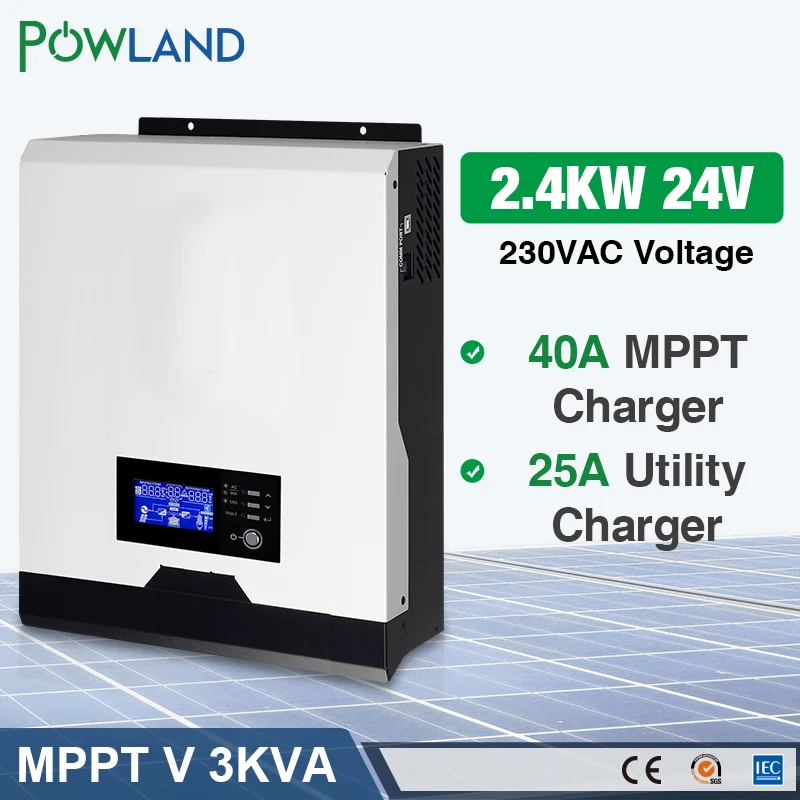 POWLAND 2400 Вт Солнечный инвертор 220 В 40А MPPT 3Kva Чистая синусоида Инвертор 50 Гц решетки