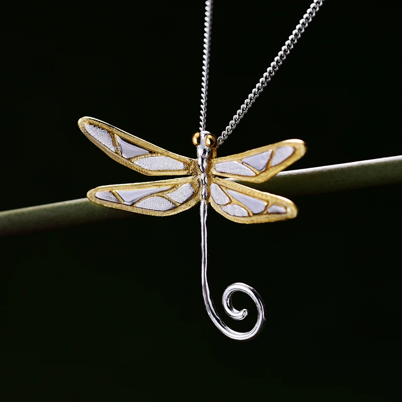 Lotus Fun Real 925 Sterling Silver Natural Handmade Fine Jewelry 18K Gold Cute Dragonfly Pendant for Women Gift