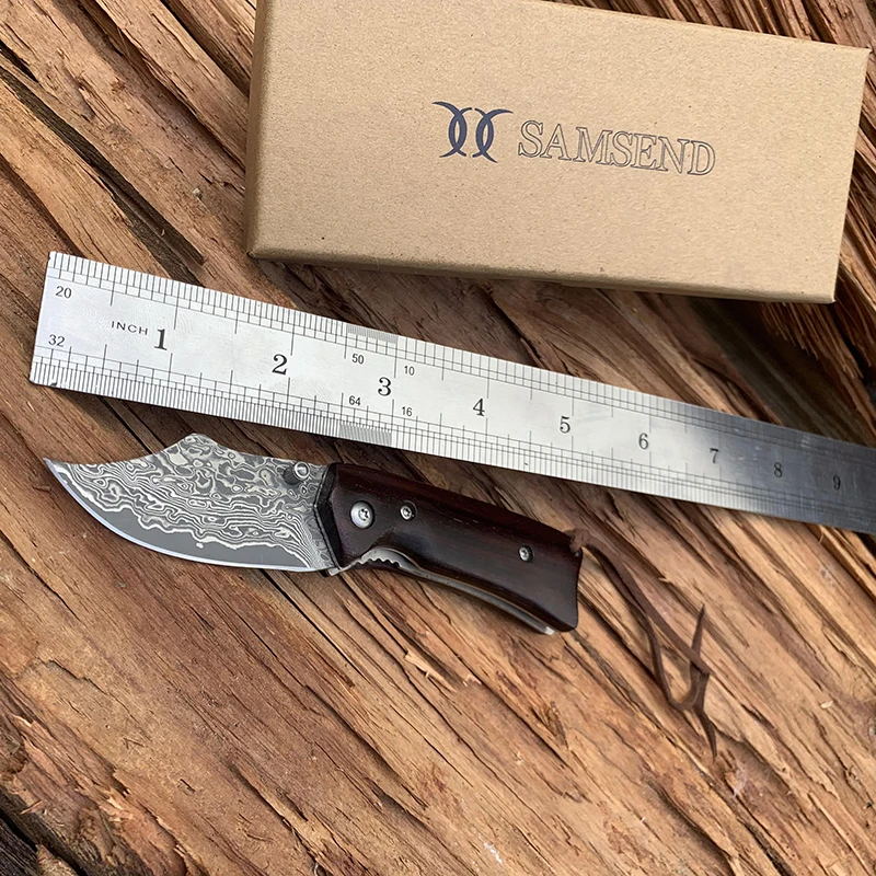 

SAMSEND Handmade red sandalwood Damascus Pocket Knife VG10 Multifuntion Tools EDC Hiking Hunting Folding Knife Collection tool