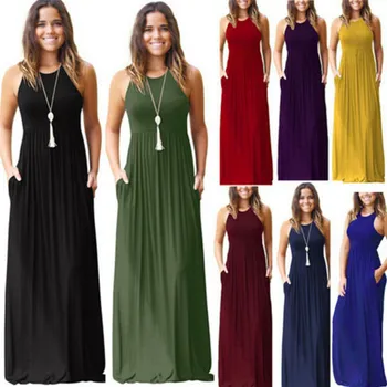 

HIRIGIN Fashion Women Sleeveless High Waist Loose Dress Summer Lady Casual Long Maxi Dresses With Pockets