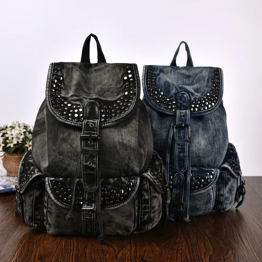 New Vintage Casual Preppy Style Rivet Denim Small Backpack School Bags