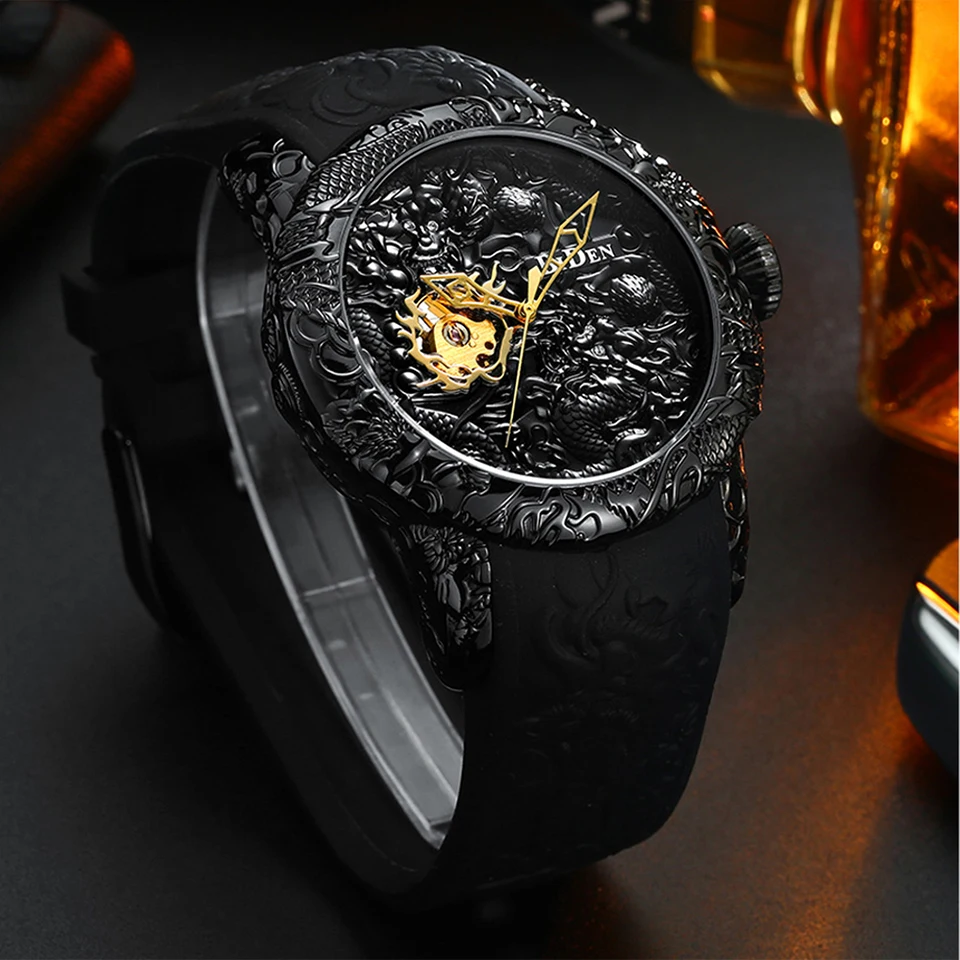 Men Mechanical Watch Man Big Watches Gold Full Black Wristwatch