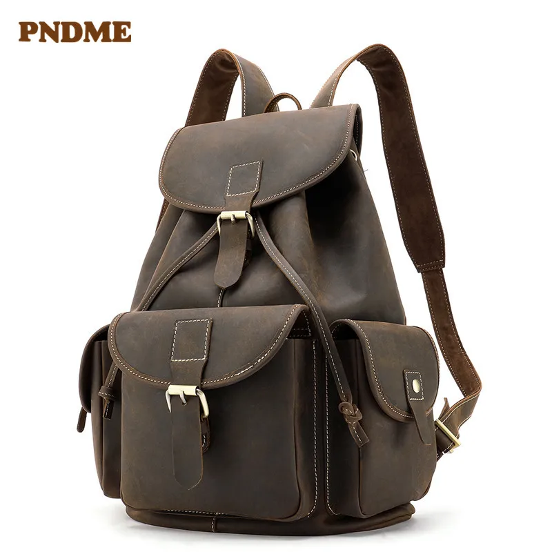 

PNDME large capacity crazy horse leather men's women's backpack retro simple travel laptop bookbag genuine leather rucksack