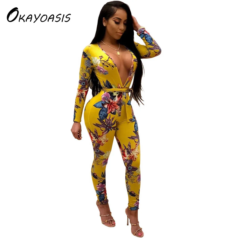 OKAYOASIS Free Shipping New Fashion Floral Printed Jumpsuits Ladies V